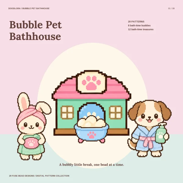 A bunny in a pink towel turban and a puppy in a blue bathrobe on either side of a green bathhouse with a pink roof, a tub of bubbles in front