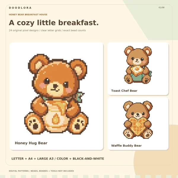 Pixel art Honey Hug Bear holding a honey pot, with Toast Chef Bear and Waffle Buddy Bear beside it