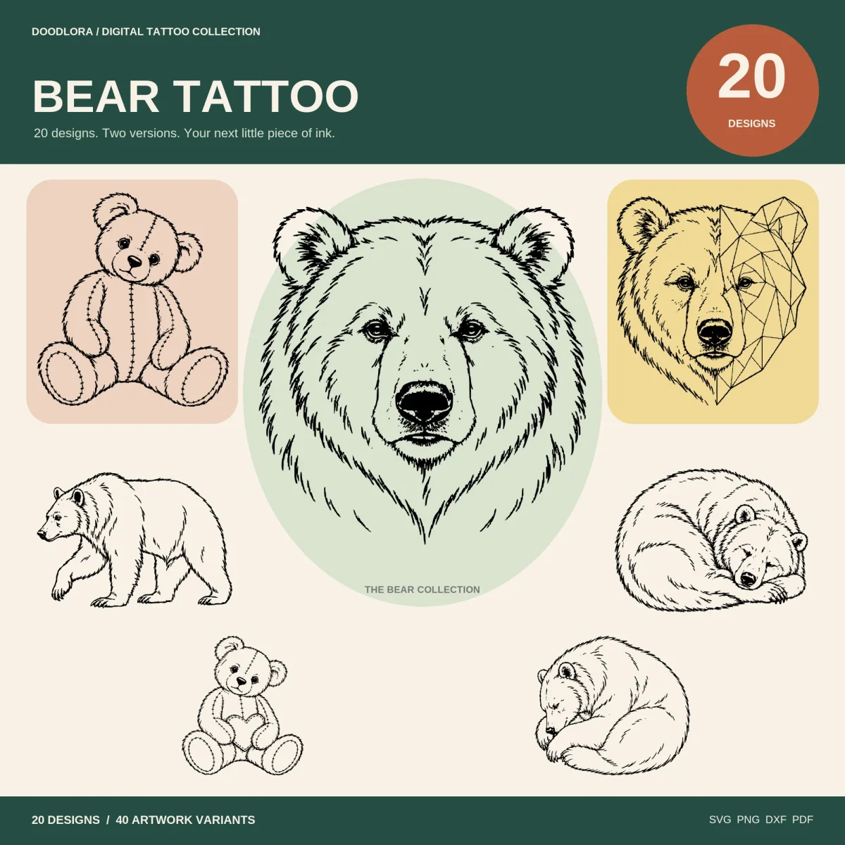Bear tattoo cover with a large line-art bear face in a green oval, a stitched teddy bear, a half-geometric bear face, a walking bear and two sleeping bears