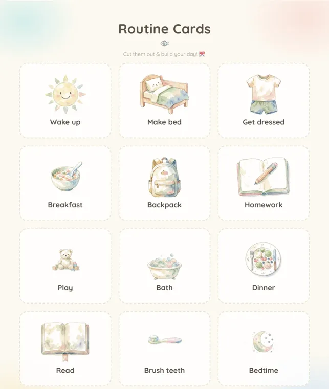 A page of twelve watercolor routine cards with dashed borders, from Wake up, Make bed and Get dressed to Read, Brush teeth and Bedtime
