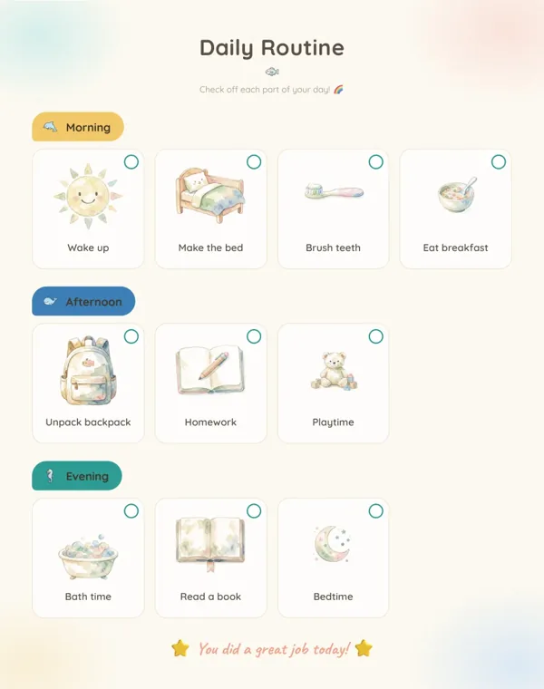 An under the sea Daily Routine page with ten picture tiles under Morning, Afternoon and Evening, ending with Bath time, Read a book and Bedtime
