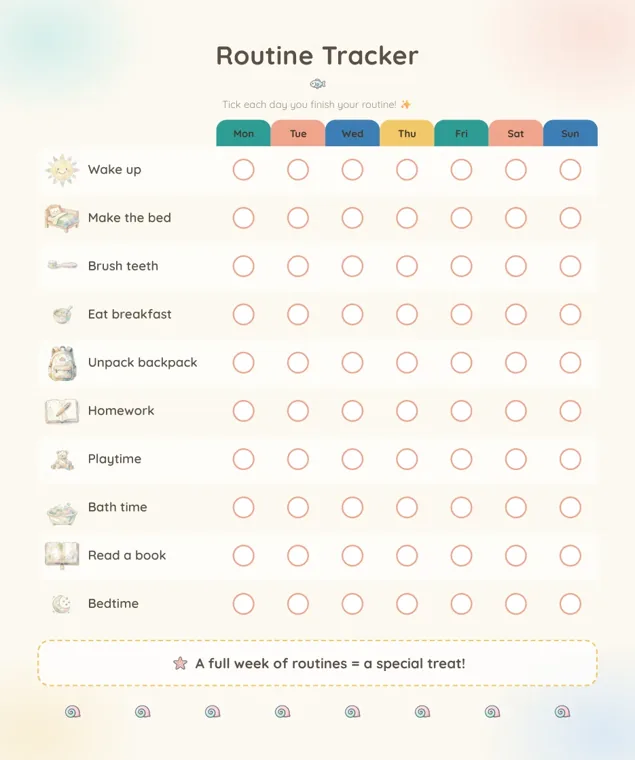 A Routine Tracker page with ten picture rows from Wake up to Bedtime and a circle for each day, Monday through Sunday