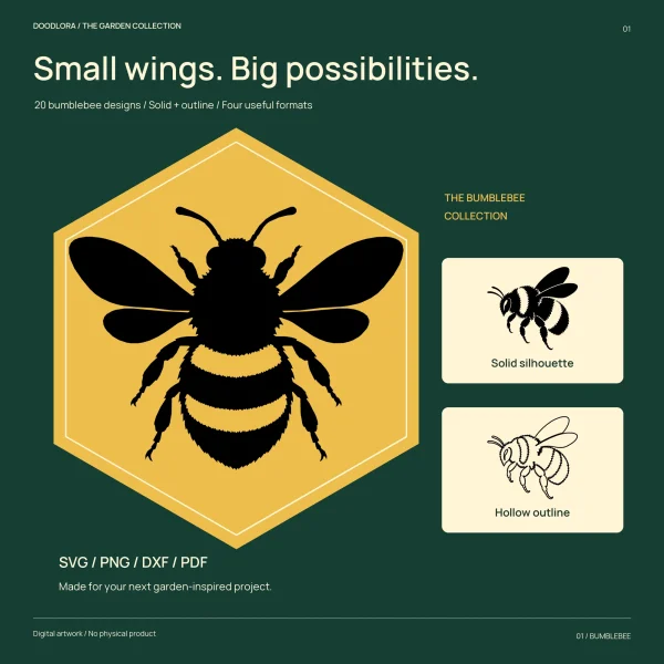 A large solid black bumblebee with open wings on a golden hexagon, beside small solid and hollow outline versions of a side-view bee