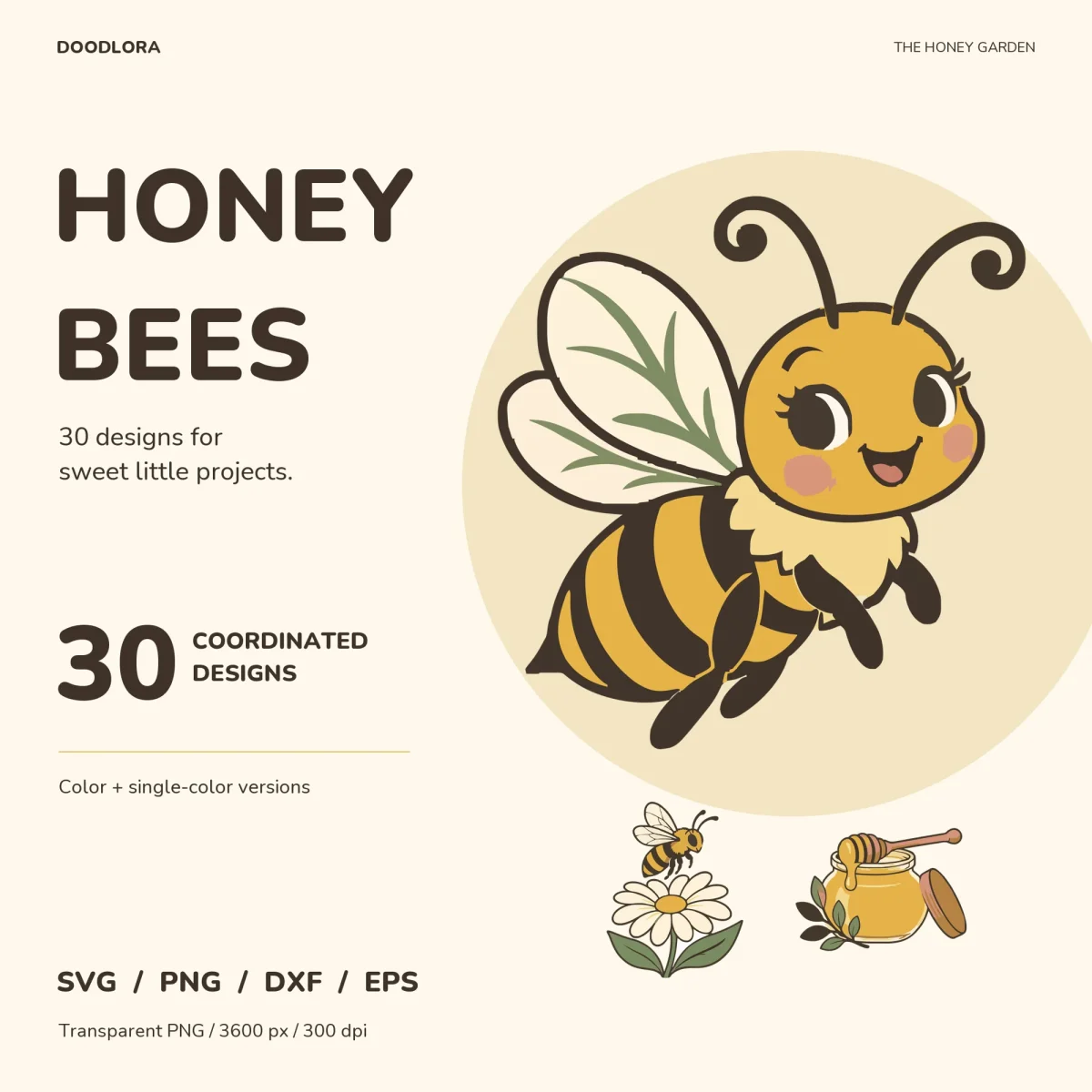 Smiling cartoon honey bee with curled antennae and leaf-veined wings, with a bee on a daisy and a honey jar with dipper below