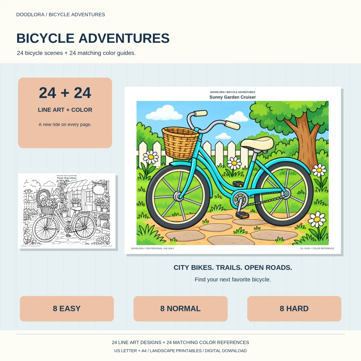 Bicycle Adventures cover with a teal garden cruiser colored in, a flower shop bike outline, and an 8 Easy, 8 Normal, 8 Hard banner