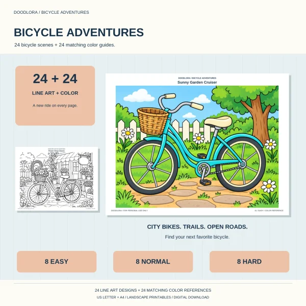 Bicycle Adventures cover with a teal garden cruiser colored in, a flower shop bike outline, and an 8 Easy, 8 Normal, 8 Hard banner
