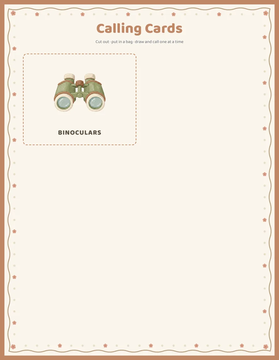 A Safari Quest Bingo calling card page with one binoculars card in the top left corner and the rest of the page empty