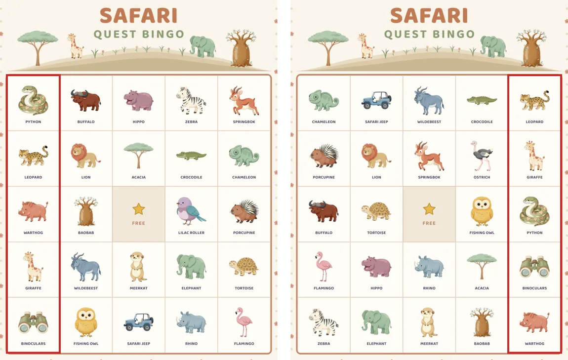 Two Safari Quest Bingo cards side by side, card 4 and card 15, each with a red box around one column holding the python, leopard, warthog, giraffe and binoculars in a different order