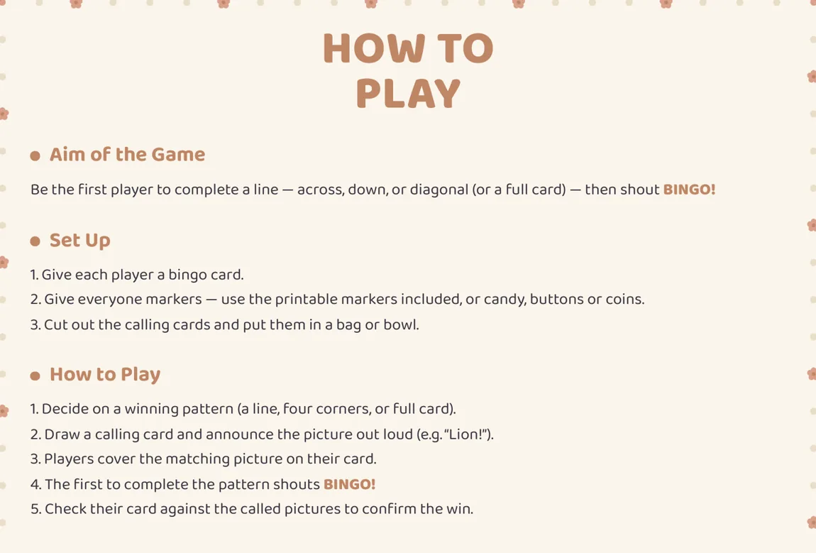 The text of the How to Play page from Safari Quest Bingo, with the aim of the game, three set-up steps and five playing steps that begin with deciding on a line, four corners or full card