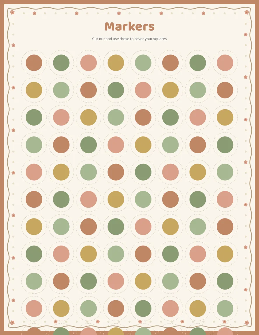 The Safari Quest Bingo marker page, rows of round paper markers in rust, olive, sage, peach and mustard, eight to a row, each inside a dotted cutting circle