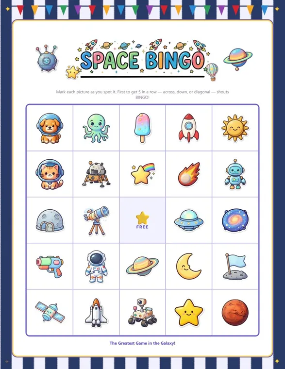 A Space Bingo picture card with a five-by-five grid of a space dog, alien, ice pop, rocket, sun, moon, Saturn, Mars and more around a star marked FREE