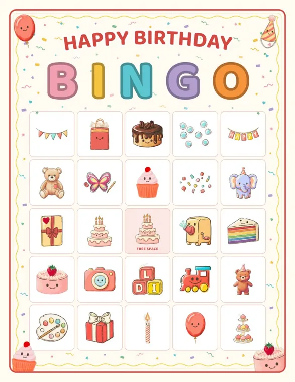 A Happy Birthday Bingo picture card with large BINGO letters over five columns and a tiered cake marked FREE SPACE in the middle square