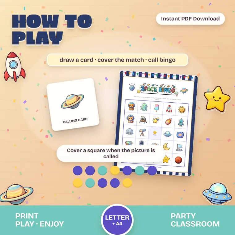 A Saturn calling card beside a Space Bingo card, with round markers in purple, teal and yellow lined up below and the words draw a card, cover the match, call bingo