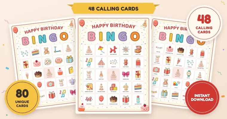 Three Happy Birthday Bingo cards in a row, the middle one with a name under each picture, between badges for 80 unique cards and 48 calling cards