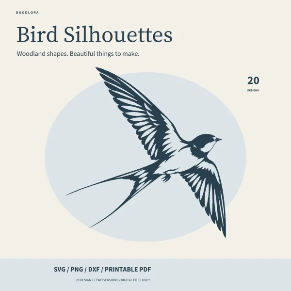 A dark blue swallow in flight with its forked tail spread and feather openings in the wings, under the title Bird Silhouettes, 20 designs