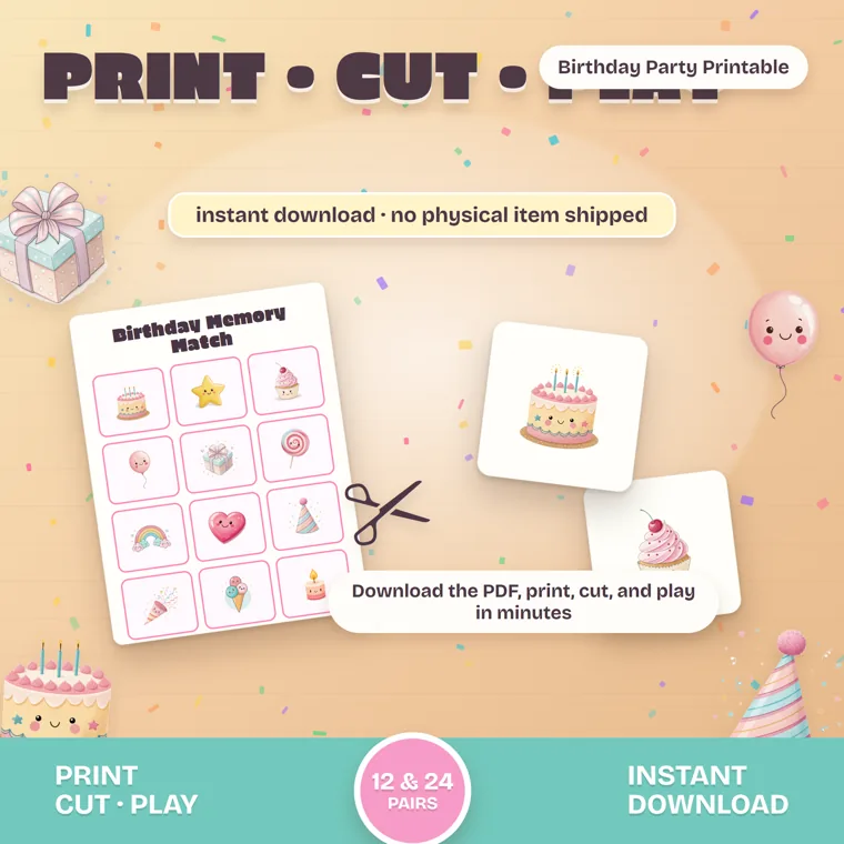 A Birthday Memory Match sheet of twelve pastel picture cards next to scissors and two cut cards showing a birthday cake and a cupcake