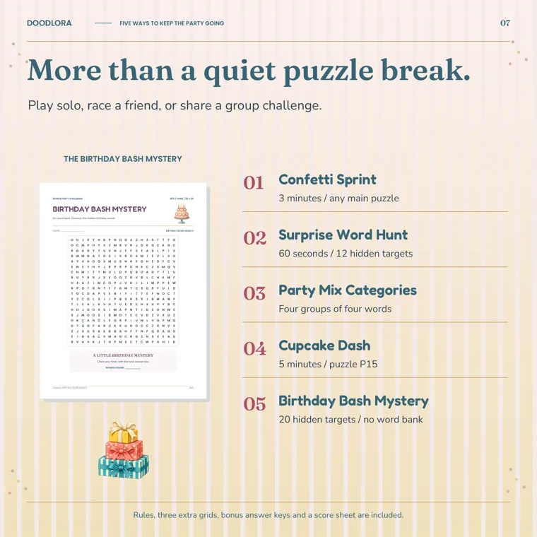 A Birthday Bash Mystery word search grid with no word list, beside five numbered bonus games from Confetti Sprint to Birthday Bash Mystery with their times and targets