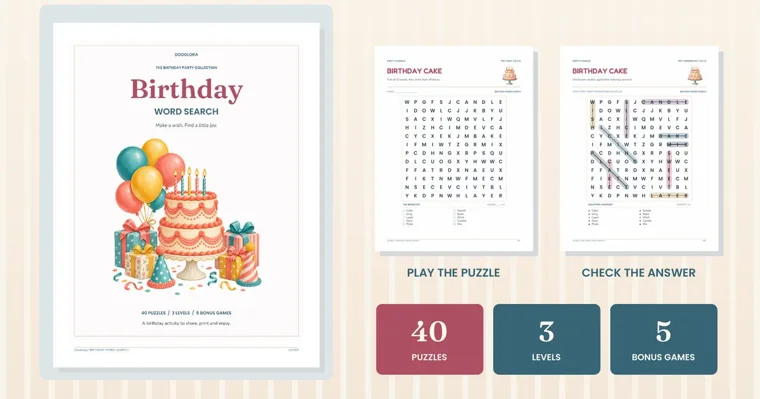 A Birthday Word Search cover with balloons, a tiered cake and presents, beside a Birthday Cake puzzle page and its answer page, over tiles for 40 puzzles, 3 levels and 5 bonus games