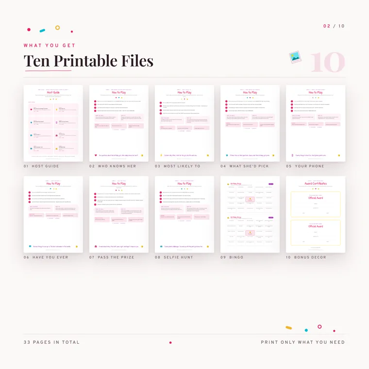 Ten page previews in two rows, labeled 01 Host Guide through 10 Bonus Decor, with 33 pages in total noted along the bottom