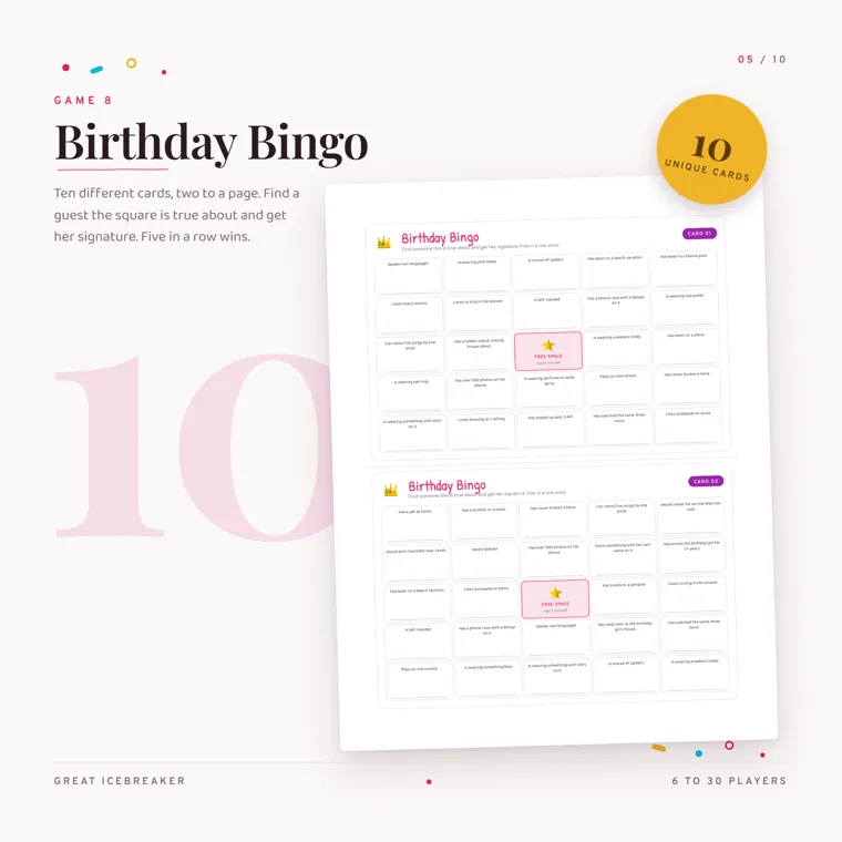 A birthday bingo page holding card 01 and card 02, each a five-by-five grid of guest prompts around a pink free space