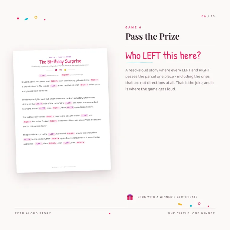 The Birthday Surprise story page from Pass the Prize, with each LEFT and RIGHT highlighted in pink