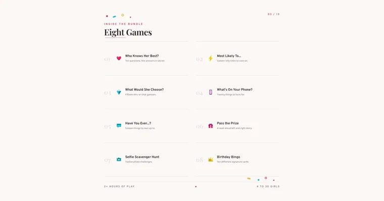 The eight game names from a teen birthday party pack, each beside an icon, from Who Knows Her Best to Birthday Bingo