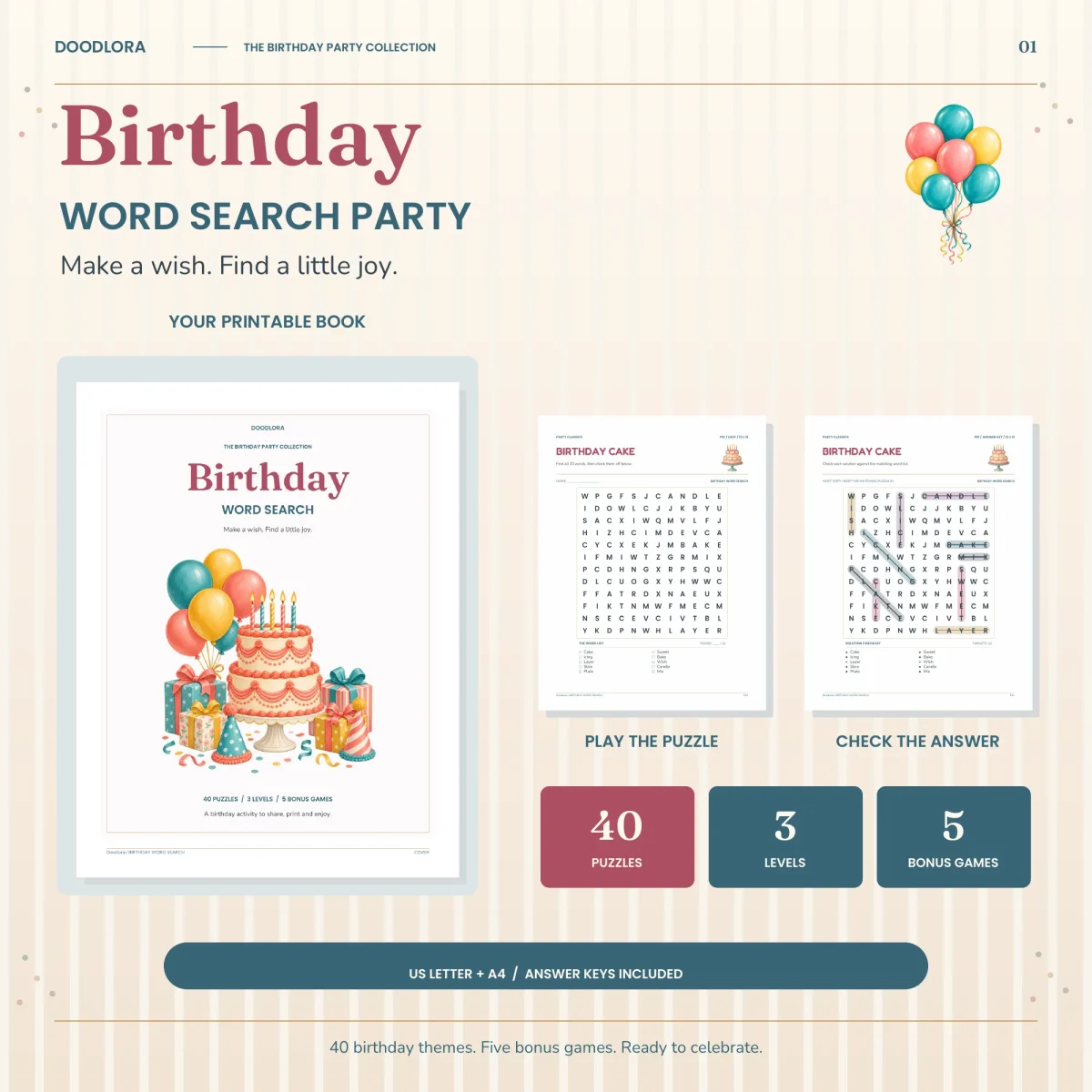 Birthday Word Search cover with balloons, a tiered cake and gifts, next to the Birthday Cake puzzle and its solved answer page