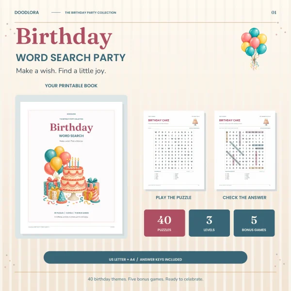 Birthday Word Search cover with balloons, a tiered cake and gifts, next to the Birthday Cake puzzle and its solved answer page