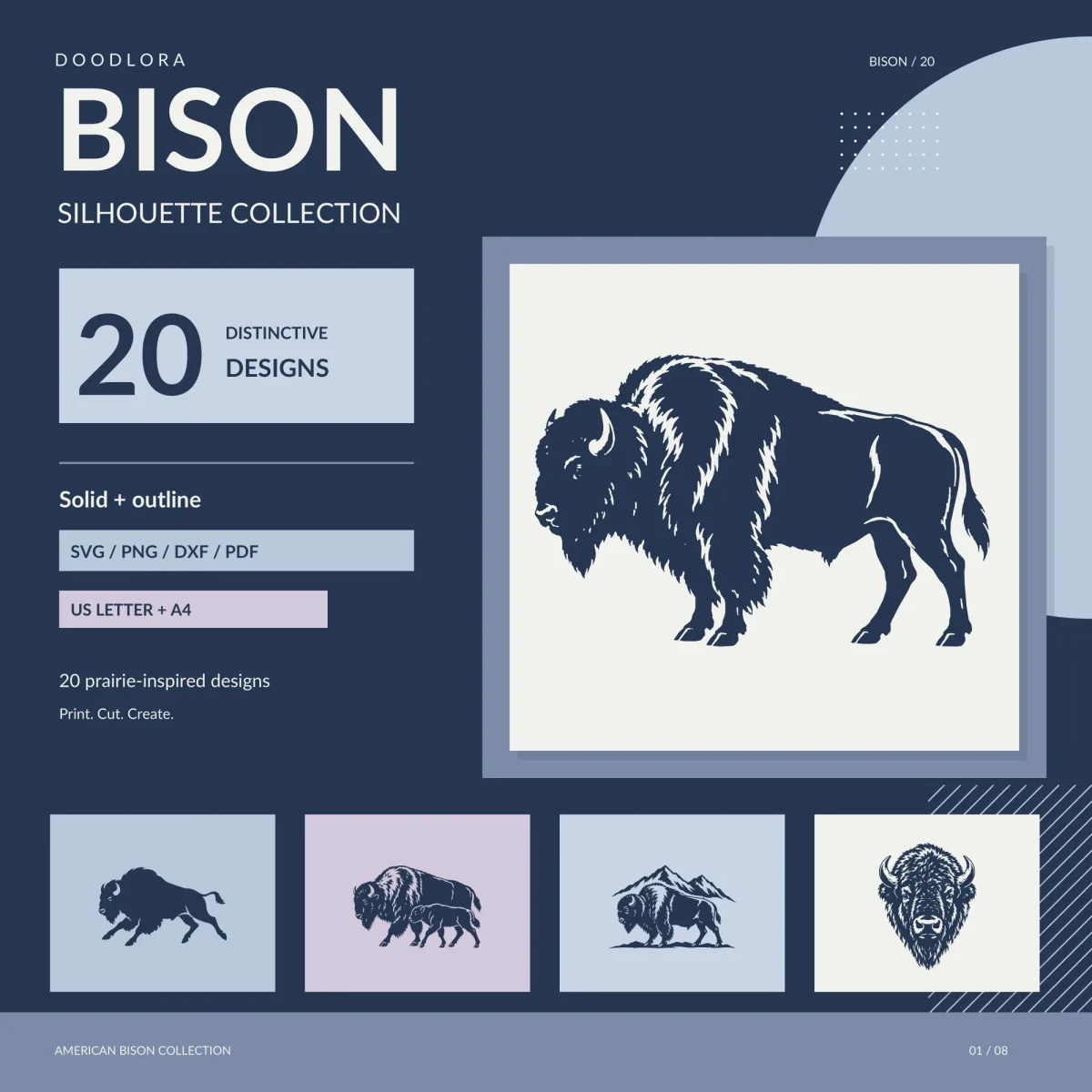 A dark navy bison standing side-on with white streaks marking its shaggy shoulder fur, beside the title Bison Silhouette Collection and four smaller designs below