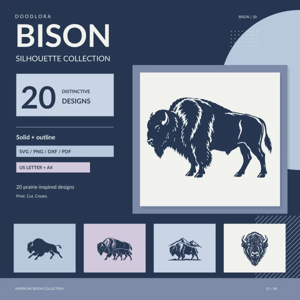A dark navy bison standing side-on with white streaks marking its shaggy shoulder fur, beside the title Bison Silhouette Collection and four smaller designs below