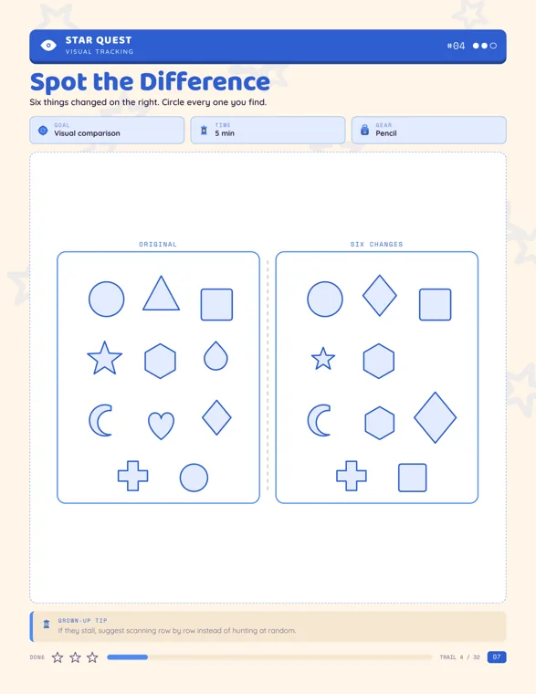 Two boxes of shapes side by side, labeled Original and Six Changes, on a Spot the Difference worksheet