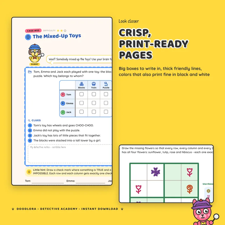 A logic grid page titled The Mixed-Up Toys with a grid for Tom, Emma and Jack against blocks, train and puzzle, four numbered clues, and part of a flower sudoku beside it