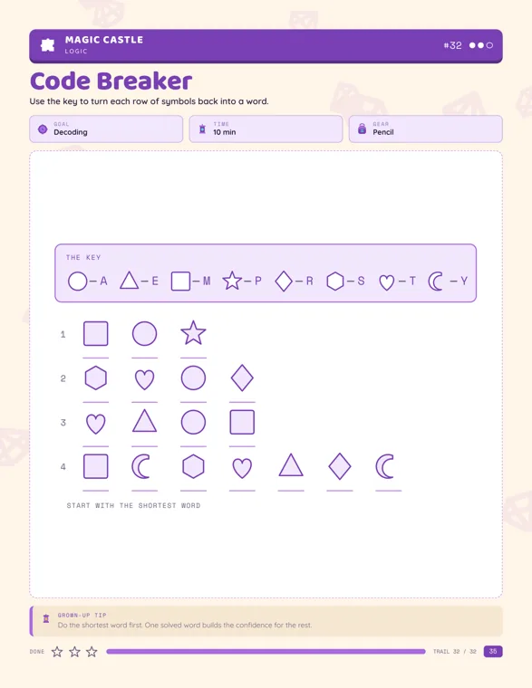 A Code Breaker worksheet with a key matching eight symbols to letters and four rows of symbols to decode