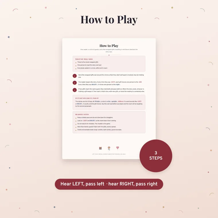 How to Play heading over a cream rules page with three numbered steps, a red 3 STEPS badge and a banner reading Hear LEFT, pass left, hear RIGHT, pass right