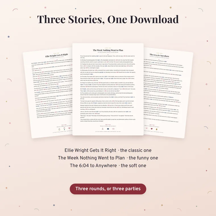 Three Stories, One Download heading over three fanned story pages, labeled Ellie Wright Gets It Right the classic one, The Week Nothing Went to Plan the funny one and The 6:04 to Anywhere the soft one