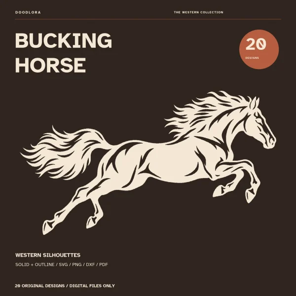 A cream horse in a flying leap with a long streaming mane and tail on a dark brown background, under the words Bucking Horse and a 20 designs badge
