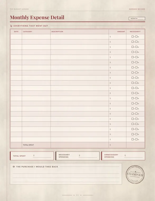 A monthly expense detail page with columns for date, category, description and amount, and a yes-or-no necessary box on every line