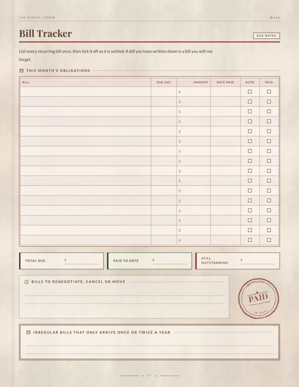 A bill tracker page with sixteen rows for due day, amount and date paid, and a separate box for irregular bills at the bottom