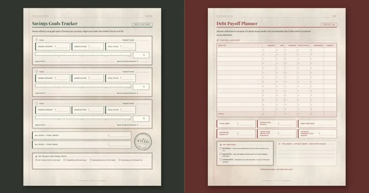 A green-ruled savings goals tracker page beside a red-ruled debt payoff planner page, on dark green and dark red backgrounds