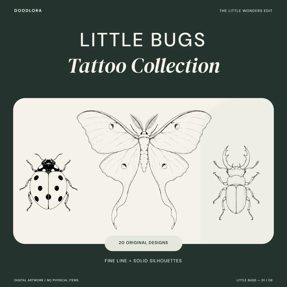 Fine-line ladybug, luna moth and stag beetle on a cream panel under the words Little Bugs Tattoo Collection