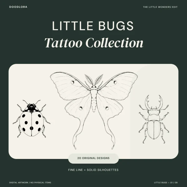 Fine-line ladybug, luna moth and stag beetle on a cream panel under the words Little Bugs Tattoo Collection