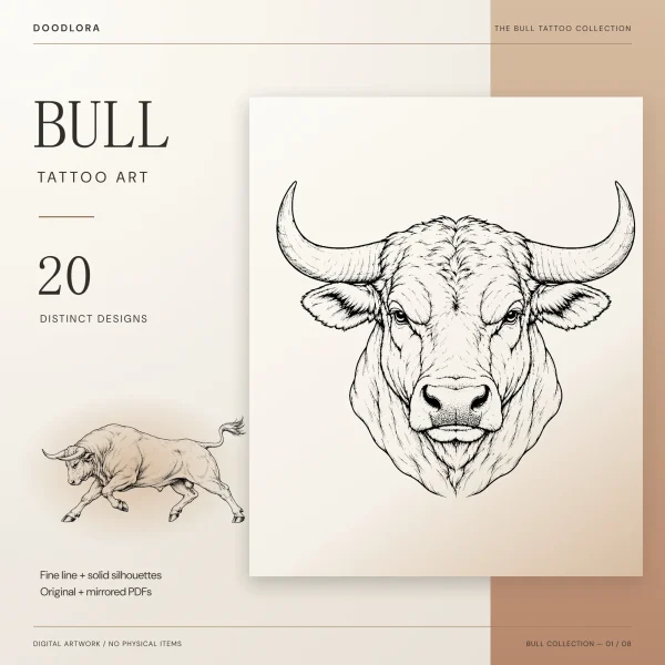 A fine-line bull head facing forward with wide curved horns and a heavy brow, beside a smaller charging bull and the words Bull Tattoo Art, 20 designs