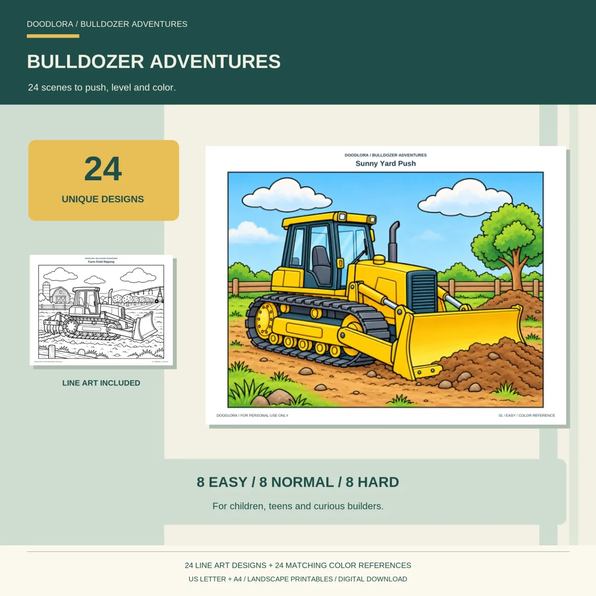 Bulldozer Adventures cover with a colored dozer pushing dirt in a sunny yard and a small outline of a dozer ripping a farm field