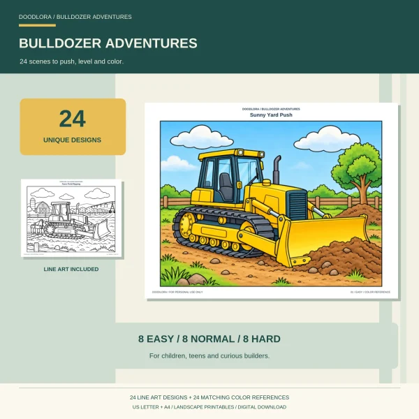 Bulldozer Adventures cover with a colored dozer pushing dirt in a sunny yard and a small outline of a dozer ripping a farm field