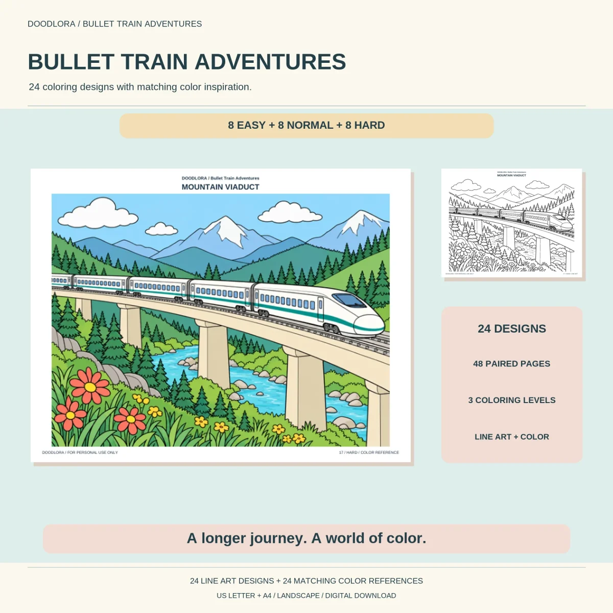 Cover with a colored high-speed train crossing a mountain viaduct, with labels for 24 designs, 48 paired pages and 3 coloring levels