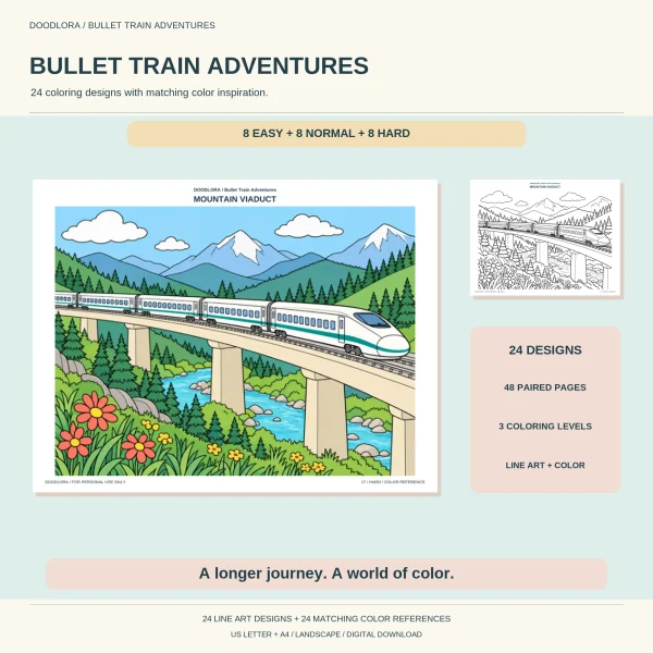 Cover with a colored high-speed train crossing a mountain viaduct, with labels for 24 designs, 48 paired pages and 3 coloring levels