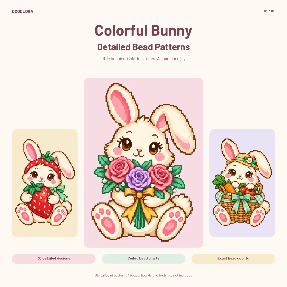 A pixel bunny hugging a bouquet of pink and purple roses, flanked by a bunny with a strawberry and one with a basket of carrots and apples