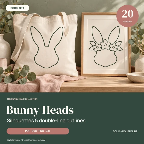 A canvas tote bag printed with a plain bunny head outline beside a framed print of a bunny head wearing a flower crown
