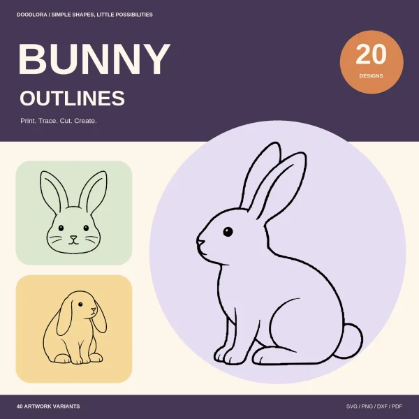 A large sitting bunny outline in profile on a lilac circle, with smaller cards of the bunny face and the lop-eared bunny, labeled 20 designs