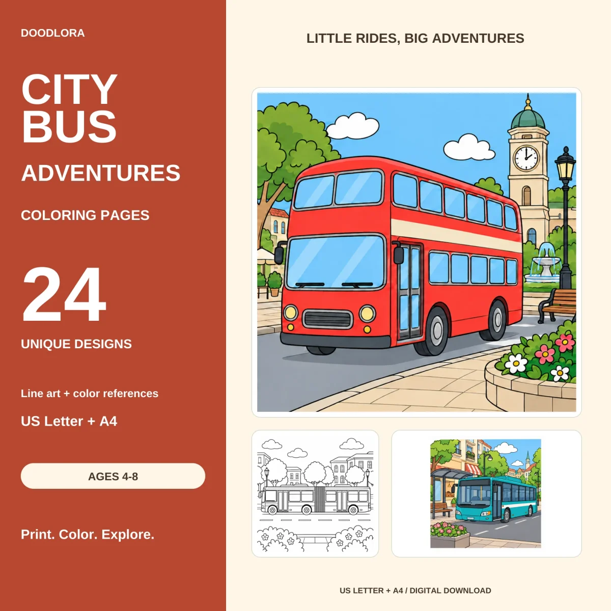 City Bus Adventures cover with a red double-decker colored beside a clock tower, plus an articulated bus outline and a teal bus at a shelter